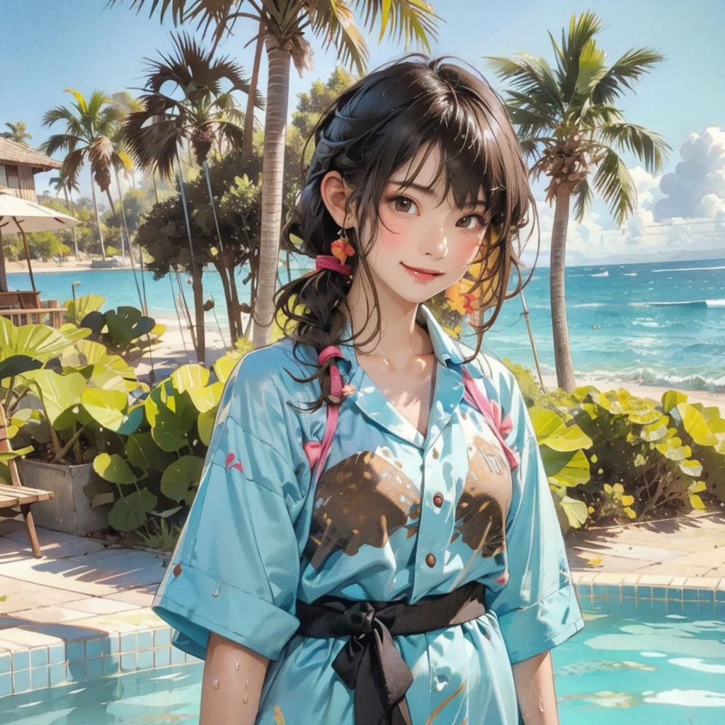 ((highest quality, masterpiece, High resolution)), ((reality)),Photos of beautiful Japanese women,((anime art))、 (((1 girl))), normal size breasts, slim body shape, long ponytail,double eyelid, Wet see-through micro bikini, A pareo with bold ethnic patterns and plenty of primary colors、(Brown skin:1.4),realistic skin、Wet,whole body,cinematic light、tropical、Against the background of palm trees on both sides、on a sunny beach、With the sea in the background、blur background、smile