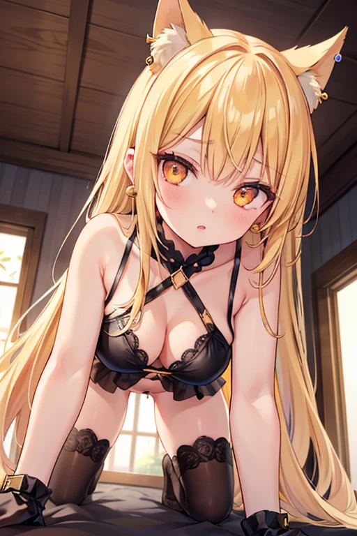 one girl,blond heir,Earrings in the ears,Slit eyes,Big orange eyes,Provocative look,On all fours,from the front, View your viewers, belly button, sexy, Dynamic Angle, From below