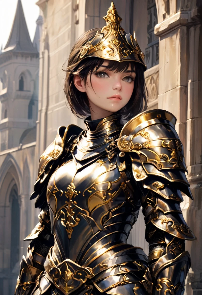 a close up of a woman in armor with a sword, stunning armor, wearing fantasy armor, very stylish fantasy armor, gold heavy armor. dramatic, beautiful armor, fantasy armor, black and gold armor, gothic armor, wearing ornate armor, intricate armour costumes, female armor, ornate gothic armor, ornate , wearing louis vuitton armor, girl in knight armor