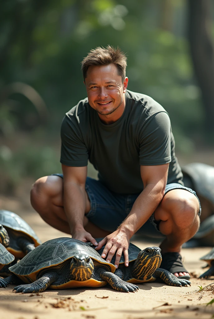 Realistic image of elon musk helping turtles