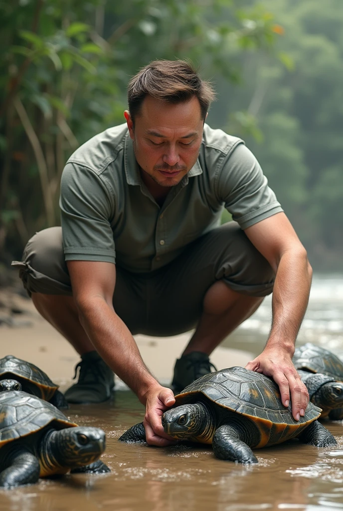 Realistic image of elon musk helping turtles