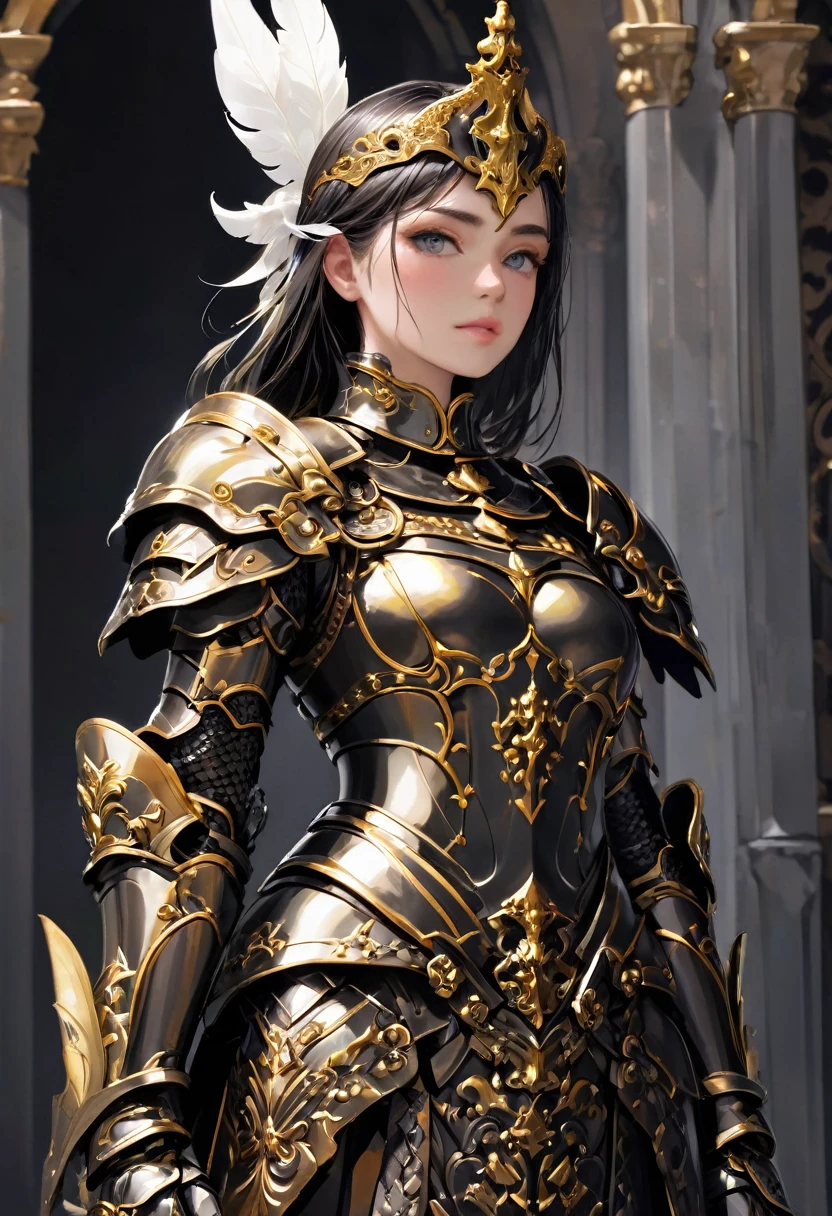 a close up of a woman in armor with a sword, stunning armor, wearing fantasy armor, very stylish fantasy armor, gold heavy armor. dramatic, beautiful armor, fantasy armor, black and gold armor, gothic armor, wearing ornate armor, intricate armour costumes, female armor, ornate gothic armor, ornate , wearing louis vuitton armor, girl in knight armor
