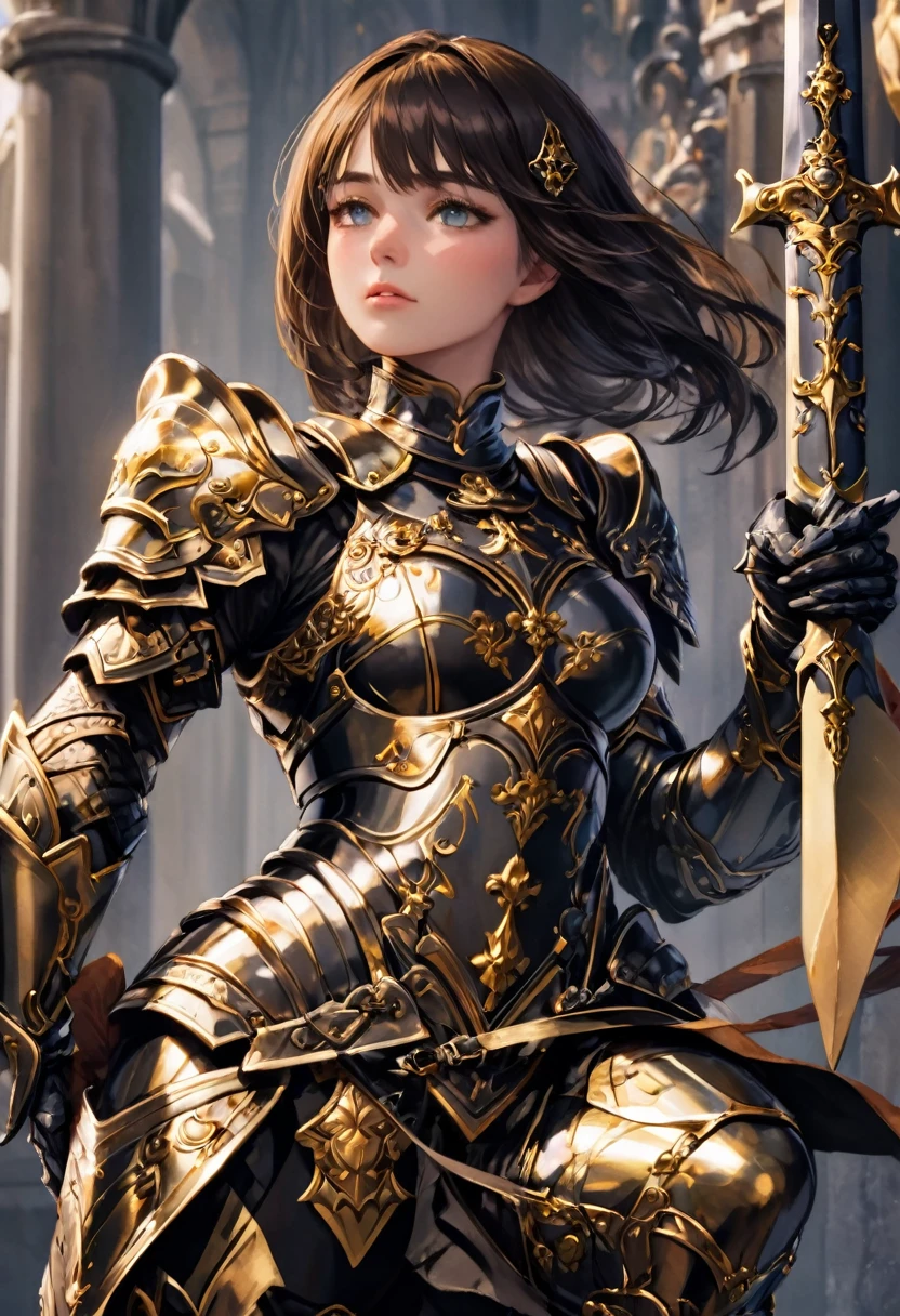 a close up of a woman in armor with a sword, stunning armor, wearing fantasy armor, very stylish fantasy armor, gold heavy armor. dramatic, beautiful armor, fantasy armor, black and gold armor, gothic armor, wearing ornate armor, intricate armour costumes, female armor, ornate gothic armor, ornate , wearing louis vuitton armor, girl in knight armor