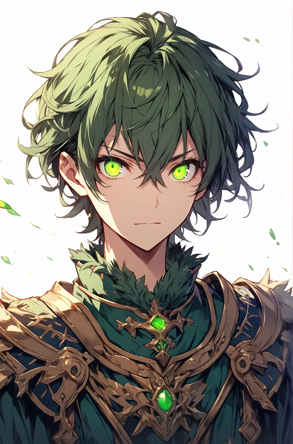 [(white background:1.4)::5],original,(illustration:1.1),(best quality),(masterpiece:1.1),(extremely detailed CG unity 8k wallpaper:1.1), (colorful:0.9),(mid shot:0.95),(highly detailed beautiful face and eyes),(solo:1.2), (((boy))),(()), (detailed beautiful eyes:1.15), (beautiful face:1.15), (glowing green eyes:1.25////),(((dark green hair))),(((shaggy hairstyle))),(+perfect hand+:1.21),(Draw an illustration of a knight boy),(fantasy clothes),(Religious),(slender),badass, cool, glare,boy,man,guy,