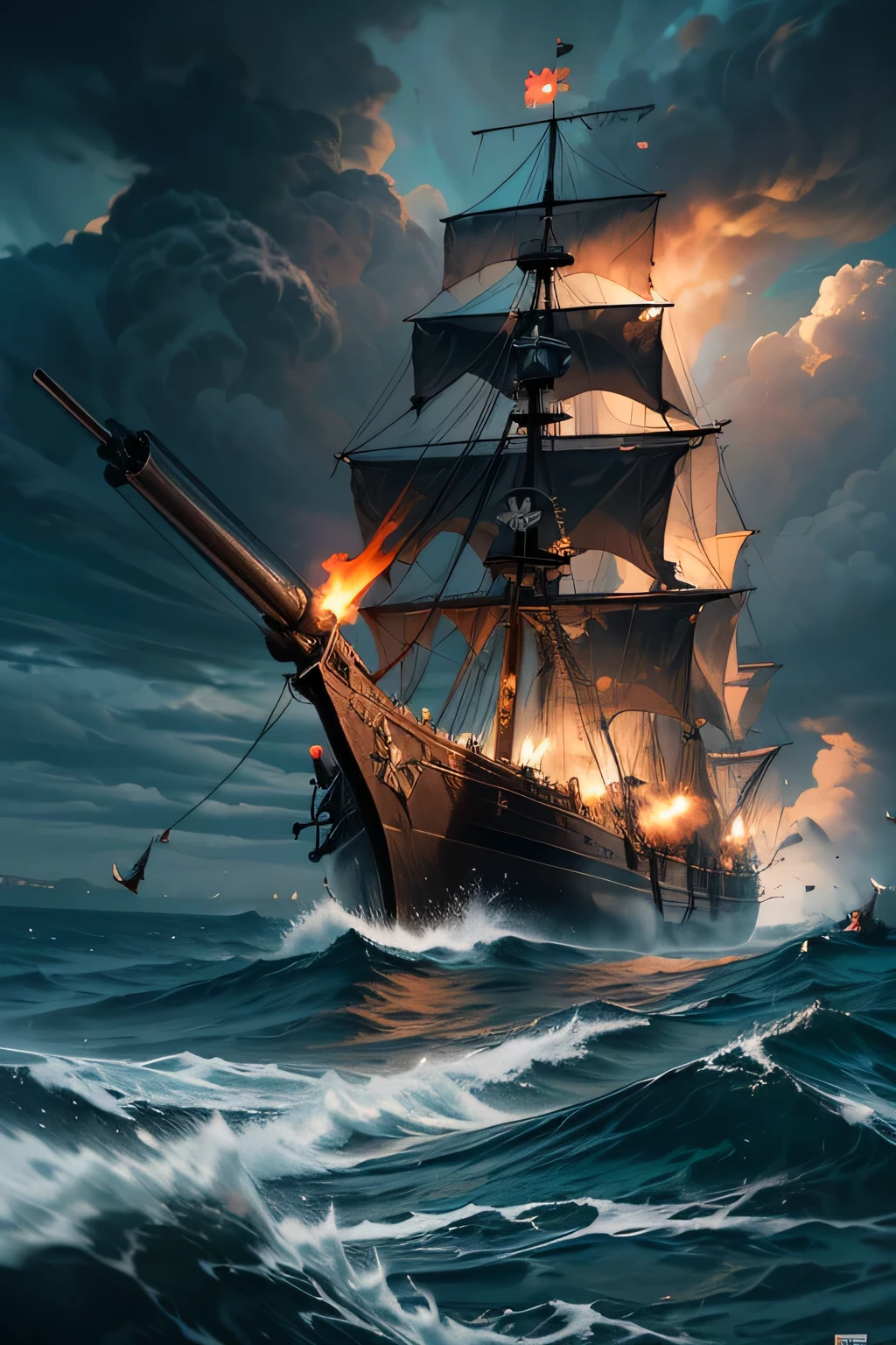 Pirate War, ((Masterpiece, top quality, high resolution, highly detailed CG unified 8K wallpaper)), (dramatic seascape of two pirate ships firing cannons at each other at close range:1.5), a spectacular and dynamic poster with columns of fire and water, rain and thunder; a pirate flag with a skull symbol waving in a gust of wind; cannonballs flying and causing explosions, throwing debris into the air; ominous dark clouds in the sky threatening rain and chaos; an adventure movie poster; a pirate ship with a skull symbol in a pirate ship's hull. ominous dark clouds looming in the sky, threatening rain and chaos on the open sea, adventure movie poster,