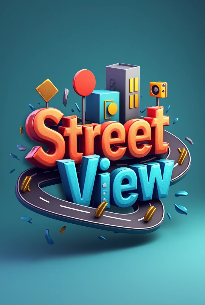 A 3D logo for 'StreetView' featuring bold, street-inspired typography, arranged in a straight line with no background. The text should have a gritty, urban feel, with a 3D curved road as the base, creatively winding beneath the letters. The design should include a 3D street sign attached to one of the letters, a 3D camera icon, and a graphical building, all positioned creatively in front view along the same line as the text. The overall design should be visually striking, with the road's curve adding a dynamic element while maintaining a sleek, three-dimensional style, and without any background