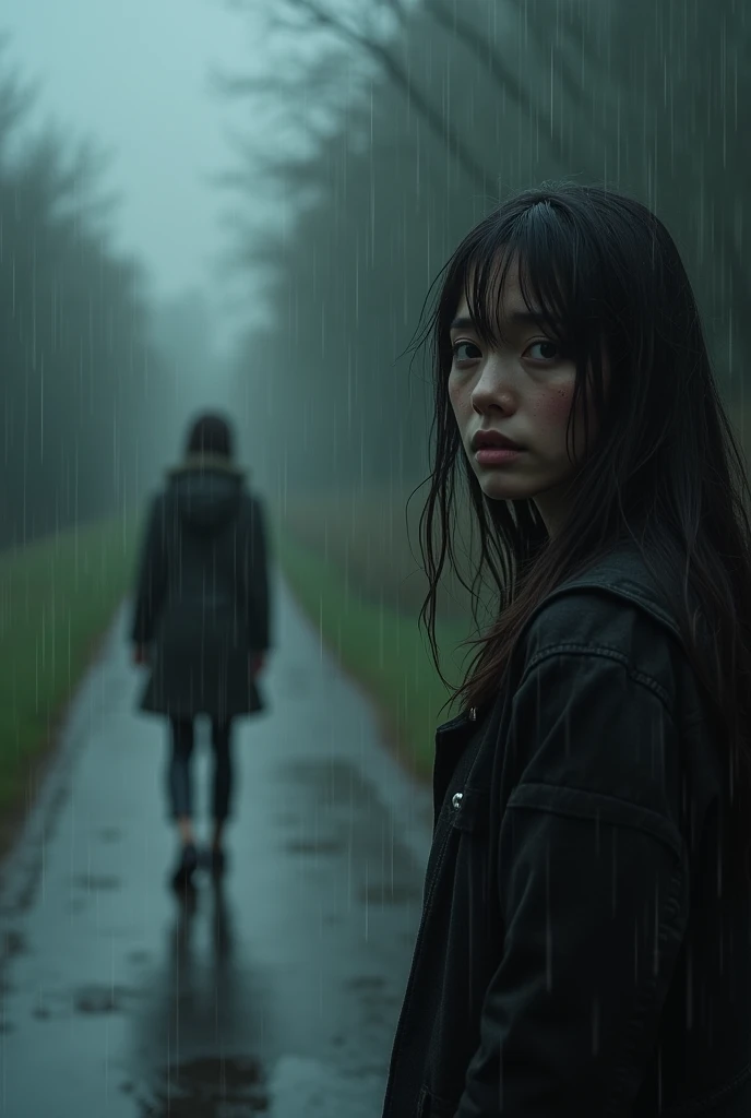 A women watching her lover with another girl walking on another path facing their back towards her in a rainy season