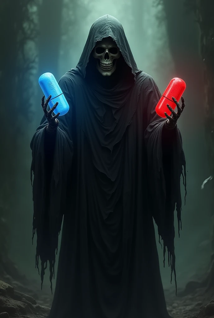dark reaper with one blue pill in his left hand, and a red one in his right hand, on a dark and scared background