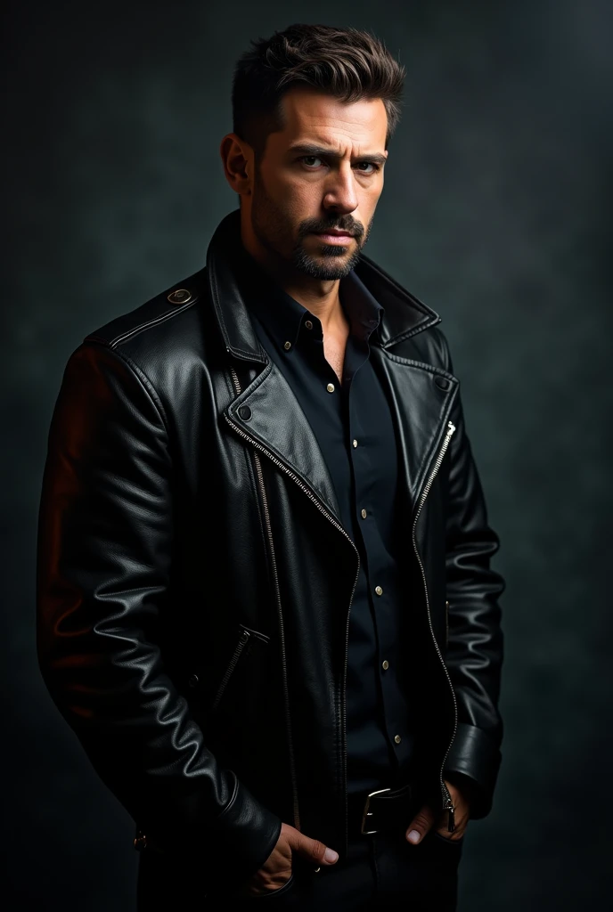 black leather jacket, man wearing black leather jacket, detailed facial features, high quality portrait, photorealistic, studio lighting, dramatic lighting, sharp focus, cinematic, intense colors, moody, dramatic, powerful expression, cinematic composition, epic, heroic, masculine