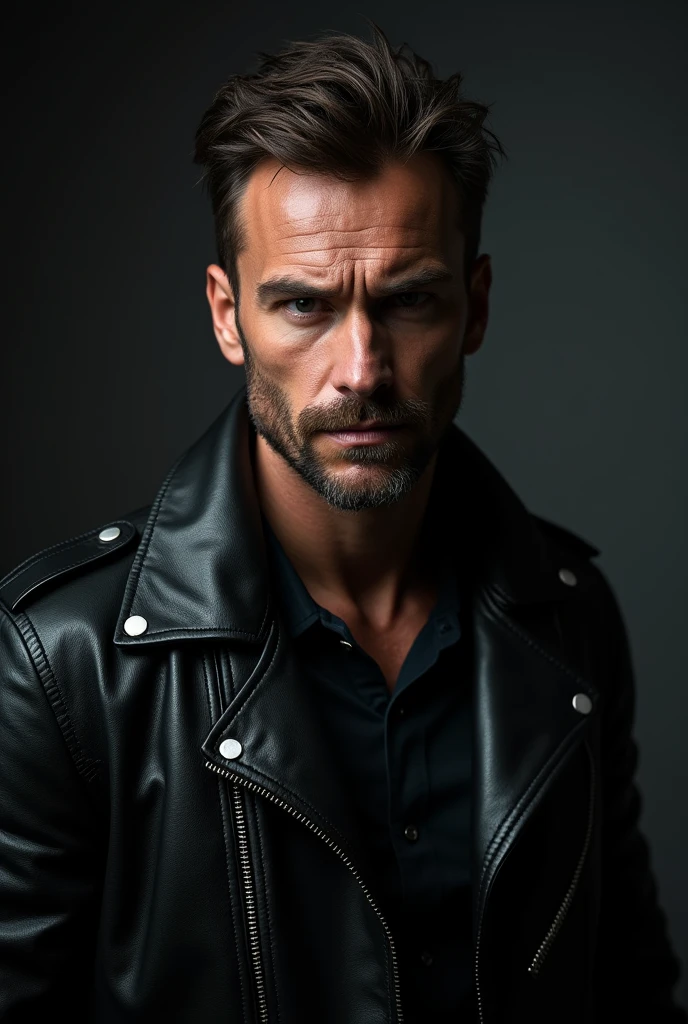 Front face view one handsome and very attractive for women over 40 years old european man with gray-blue eyes and short haircut, sexy hairy chest, man is wearing biker black jacket, man is looking sexy has hairy sexy chest and smiles doomy, , professional lights, hyperrealistic photo, high details, cinematic