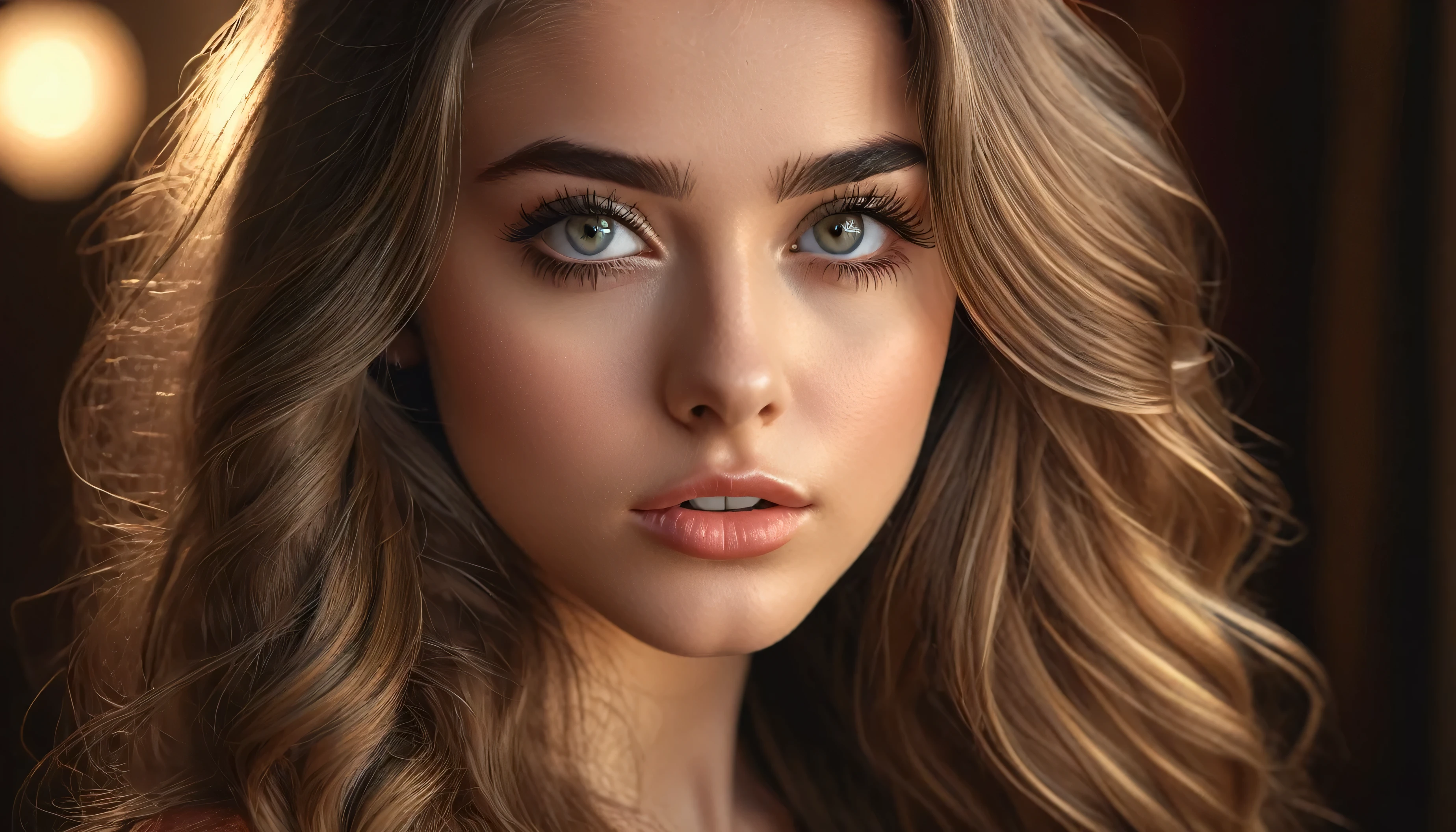 A beautiful young woman with long flowing hair, piercing eyes, and an alluring expression, sedducing the viewer, 1girl, intricate facial details, extremely detailed eyes and face, long eyelashes, luscious lips, photorealistic, cinematic lighting, highly detailed, 8k, hyperrealistic, dramatic lighting, warm color palette, sensual, elegant, portrait, glamour, cinematic composition
