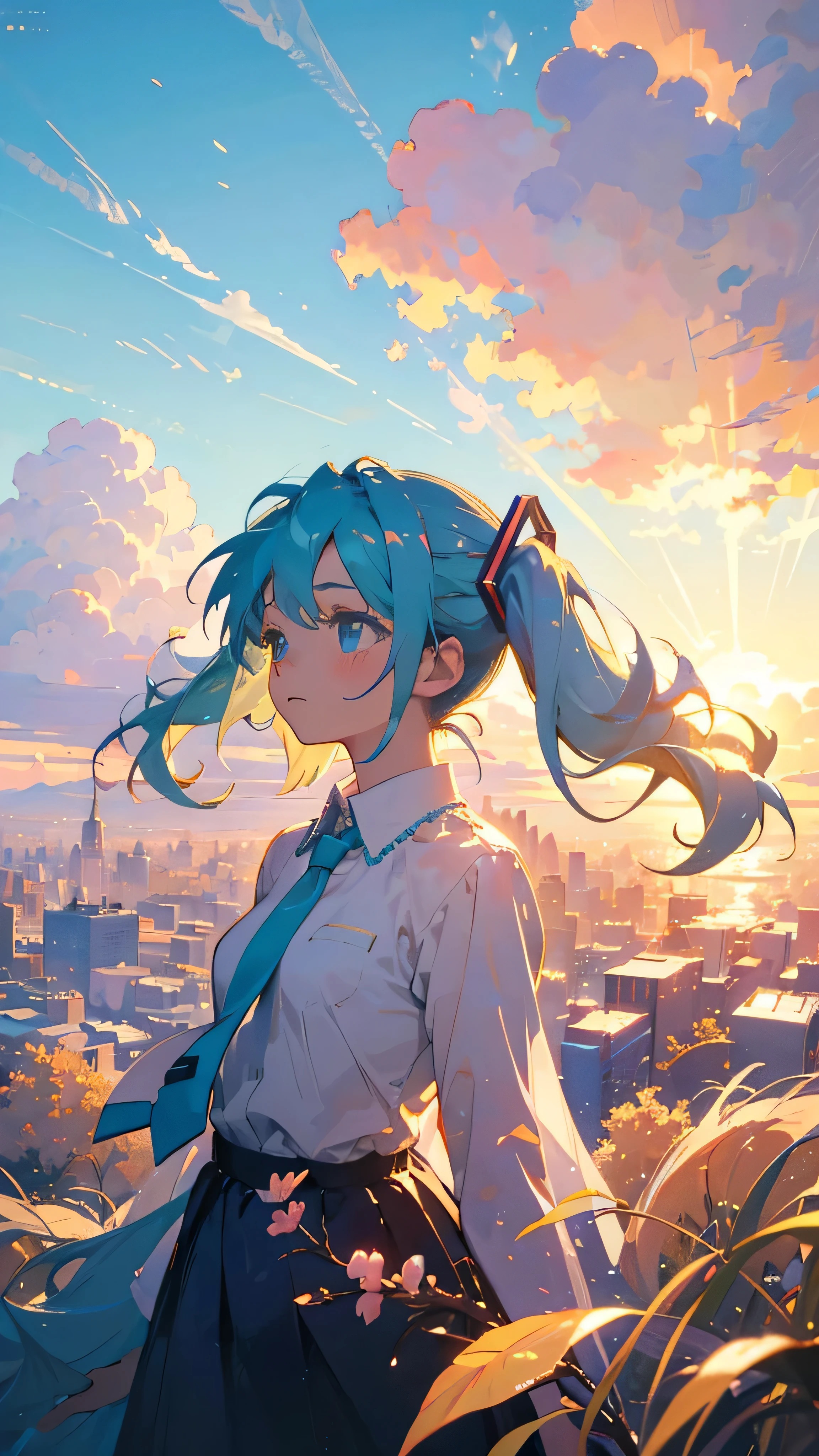 (masterpiece,best quality:1.4), high resolution,super fine illustration, detailed skin, detailed face, detailed eyes,"Describe a serene scene of Hatsune Miku gazing up at the sky at dawn, with soft rays of sunlight filtering through the clouds.The atmosphere is calm and peaceful, with a gentle breeze rustling through the city. Hatsune Miku's hair and dress flow gracefully in the wind, and there is a sense of tranquility and sadness in her expression."