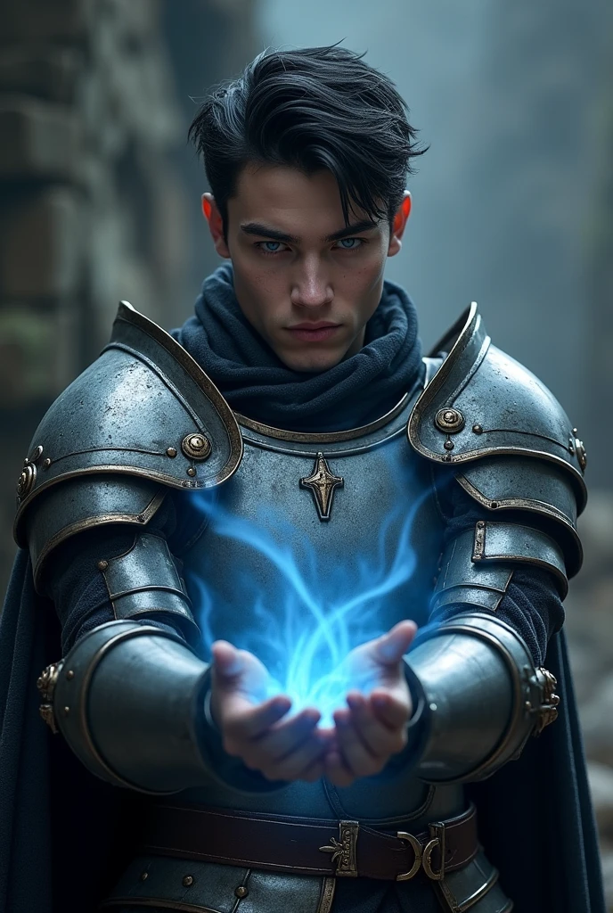 (photorealism:1.2), young and attractive man, serious, black hair, blue gray eyes, Tez blanca, with full armor, and shadows coming out of his hands. 