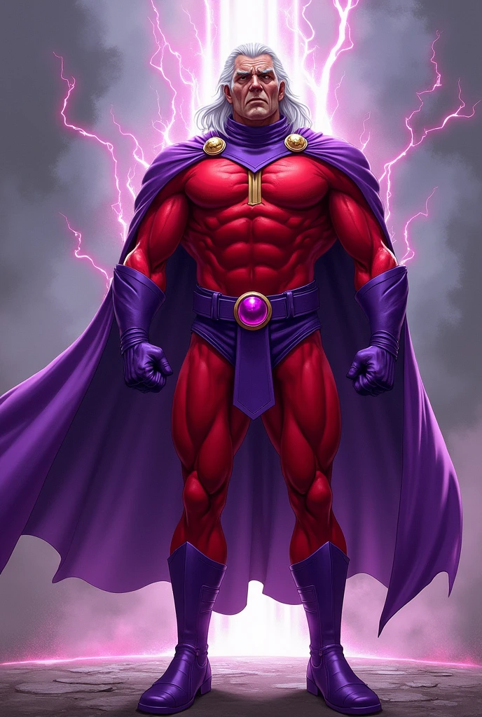 Man, middle-aged, shoulder-length white hair, red bodysuit, purple belt, gloves and boots, purple cape, muscular, magnetism,