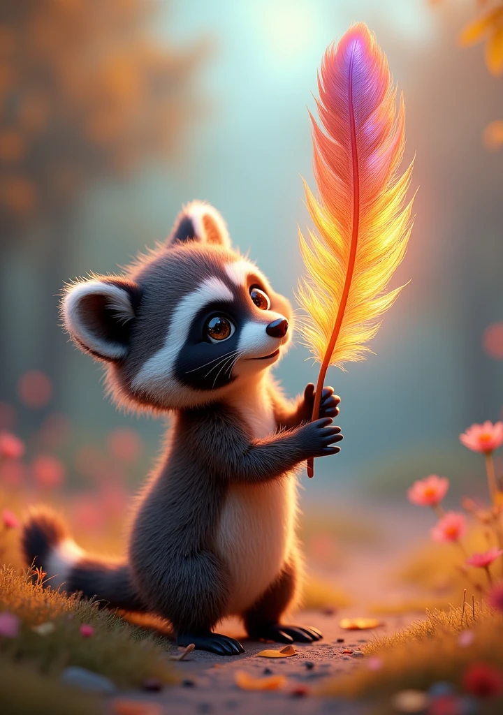 A captivating 3D render of a wonderfully plush baby raccoon, holding a mesmerizing feather that cascades gently from the sky. The raccoon's eyes are wide with awe and curiosity, as the multi-colored, luminous, and golden feather illuminates the scene with its radiant hues. The background reveals a dreamy, magical landscape filled with vibrant colors, evoking a sense of wonder and enchantment. This imaginative conceptual art piece is a perfect blend of whimsy and charm, captivating the viewer's imagination and transporting them to a fantastical world., conceptual art, photo, 3d render, vibrant