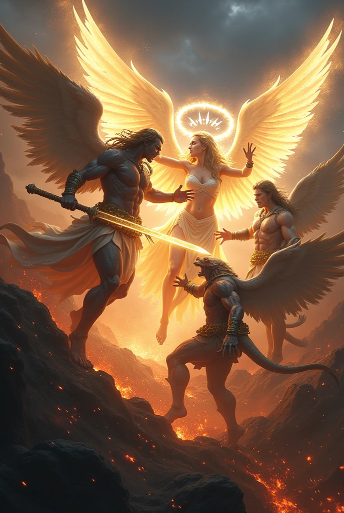 Angels fighting with super realistic demon 