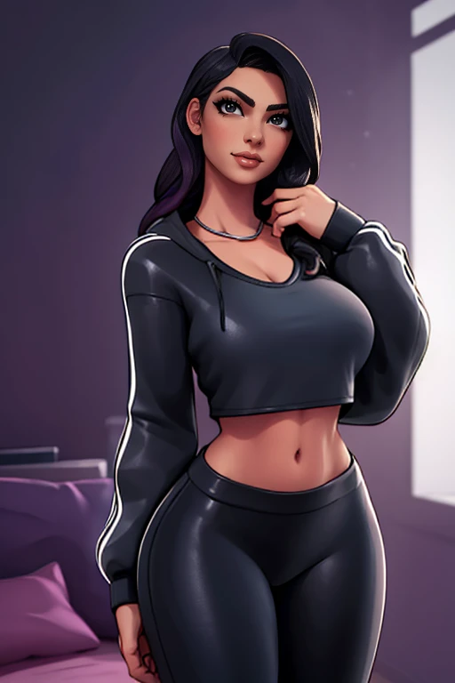 , Ruby fortnite, bone preto, black blouse, BLACK leggings, bare abdomen, face detailed, face perfect, detailedeyes, eyes browns, neckleace, maroon hair, giorno, curvilinear, standing alone, long  hair, dark black hair, black blouse,  black pants, massive  breasts 