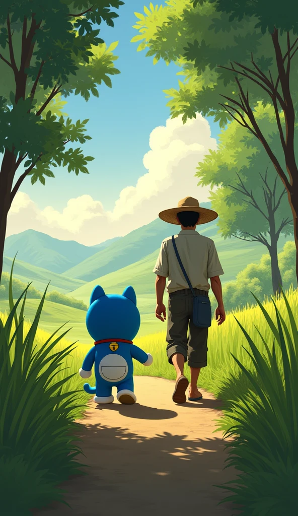Doraemon and the farmer go home after a tiring day of work., In between are trees and rice 