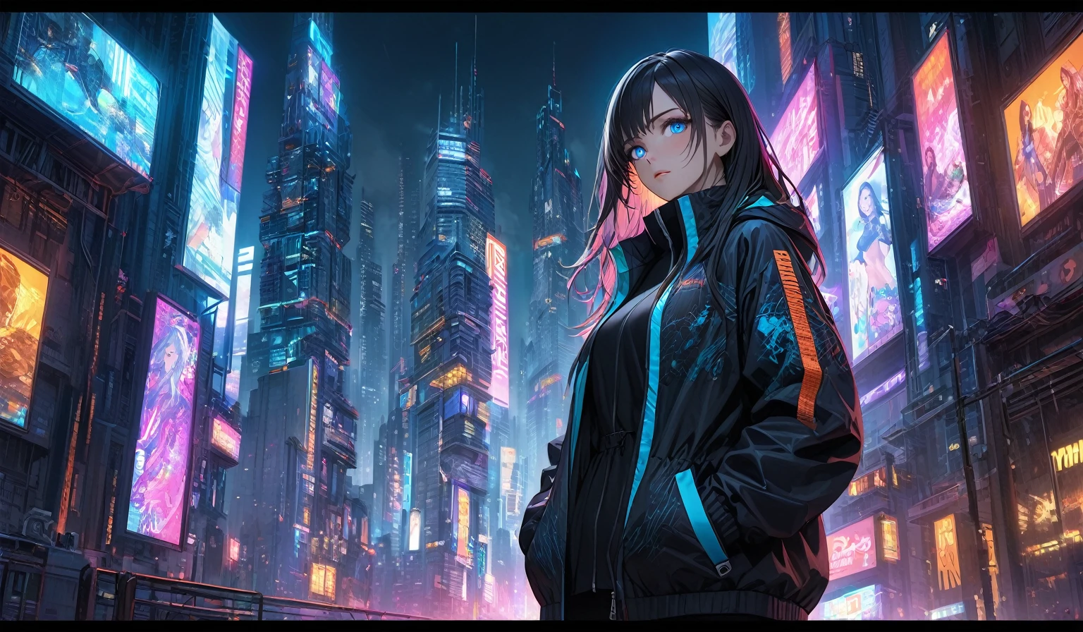 Full color, BREAK 16k resolution, cinematic background, extreme detailed, ultra-realism, Detailed and intricate texture, cyberpunk, photorealistic background, Detailed and clear depiction, Cinematic lighting effects, ((The scene is a very dark night)), The scene is densely filled with skyscrapers, neon arts background, night, dark, dim, BREAK masterpiece, illustration, detailed and realistic skin texture, Detailed and intricate brushwork, A girl is standing among skyscrapers, 1girl, solo, blue eyes, glowing eyes, beautiful girl, long hair, windbreaker jacket, hands in pockets, looking at viewer, upper body