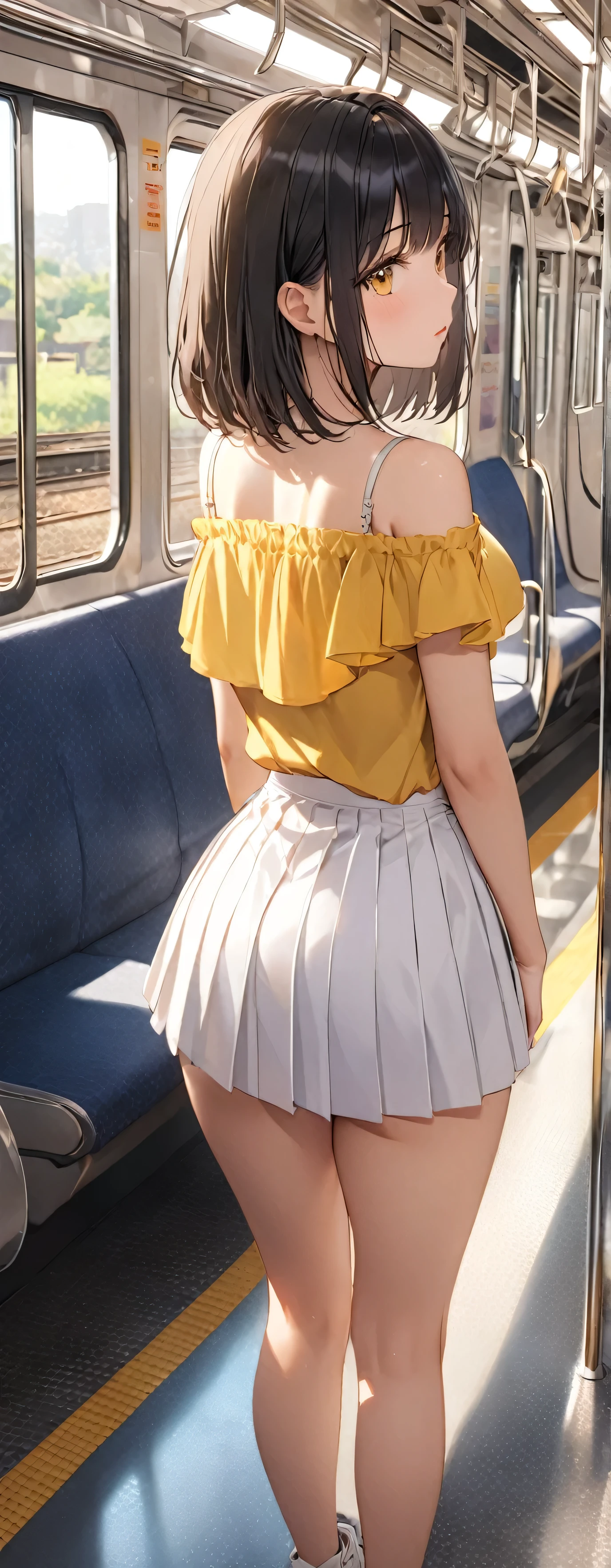 masterpiece, Highest quality, Ultra-high resolution, (beautiful girl: 1.3), Highest quality,8k,Highly detailed CG unit wallpaper,masterpiece:1.2,Ultra-high resolution,RAW Photos,Black Hair, Bobcut,Long eyelashes, Round eyes,drop shadow, Yellow camisole,White pleated skirt,Looks 20 years old,(butt crack,1.8),evening,e235, train interior, scenery, seat, reflection, window, reflective floor, posters (object),((Big round ass)),She is standing,She has her back to me and is staring out the window at the train.,(From behind:1.8), (Gazing into the distance:1.3),Thong panty line,1boy1girl,女は座席に座ってる男のpenisをblowjobチオする,(((blowjob))),penis