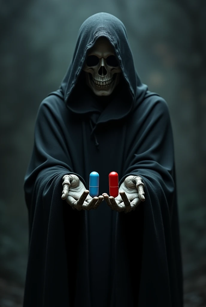 dark reaper with one small blue pill in his left hand, and a red one in his right hand, on a dark and scared background