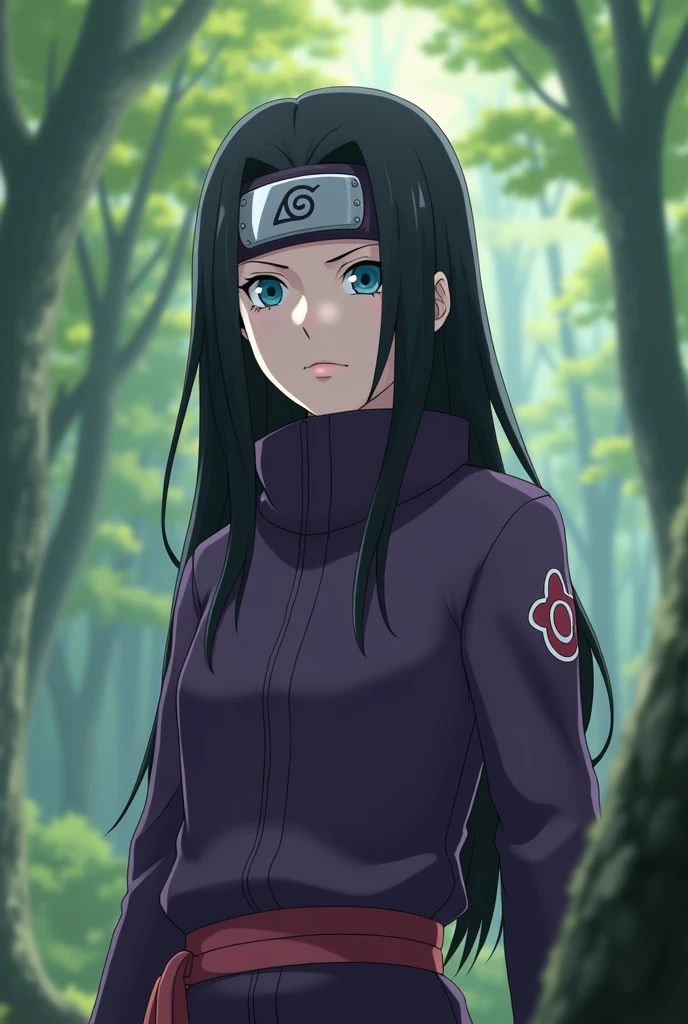 Screenshot, naruto anime style, a girl woman, pale white skin, medium height, blue eyes, black hair, long, loose, without flinching, purple and black ninja clothing, with ninja band, In a forest