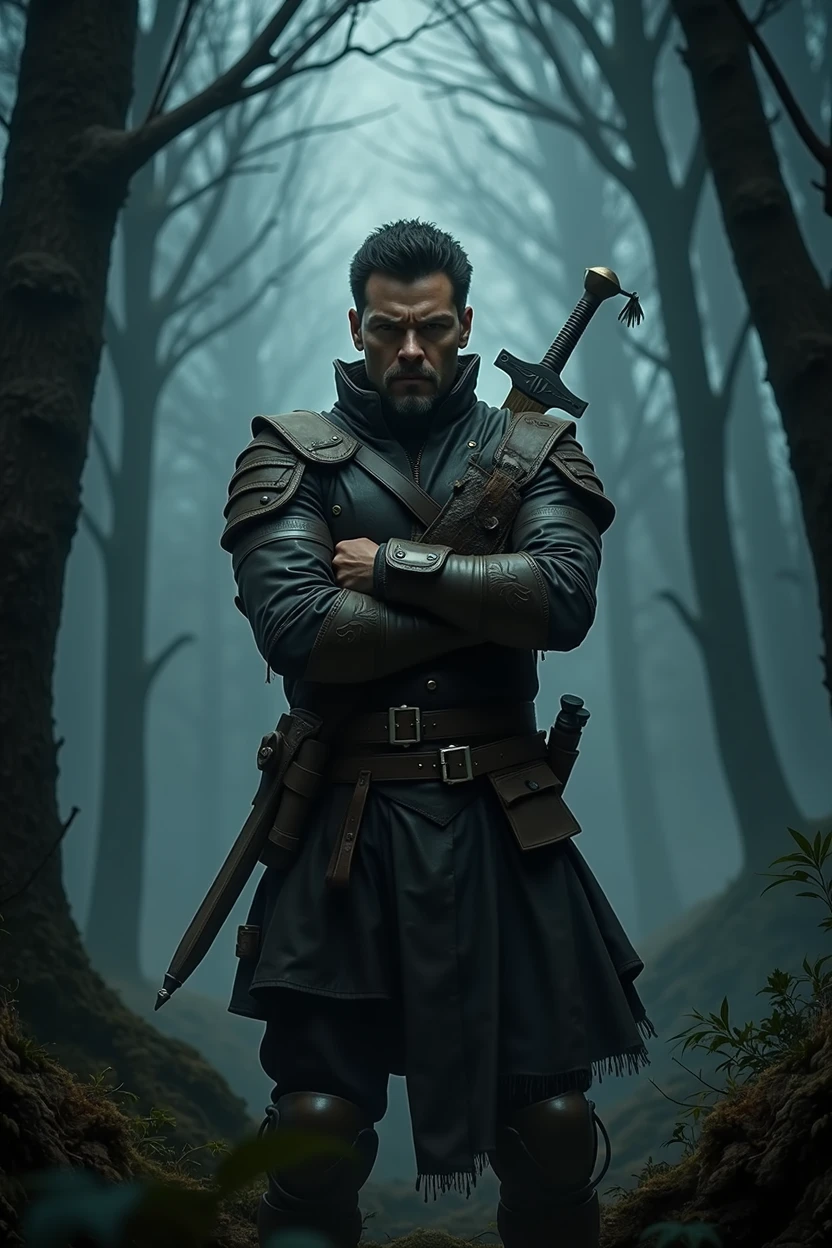 Draw actor Karl Urban as a Dungeons and Dragons ranger, with arms crossed, looking forward as if it were the presentation of a series. in the background a forest at night is sinister