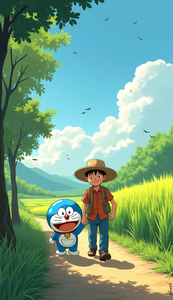 Doraemon and the farmer go home after a tiring day of work., In between are trees and rice 