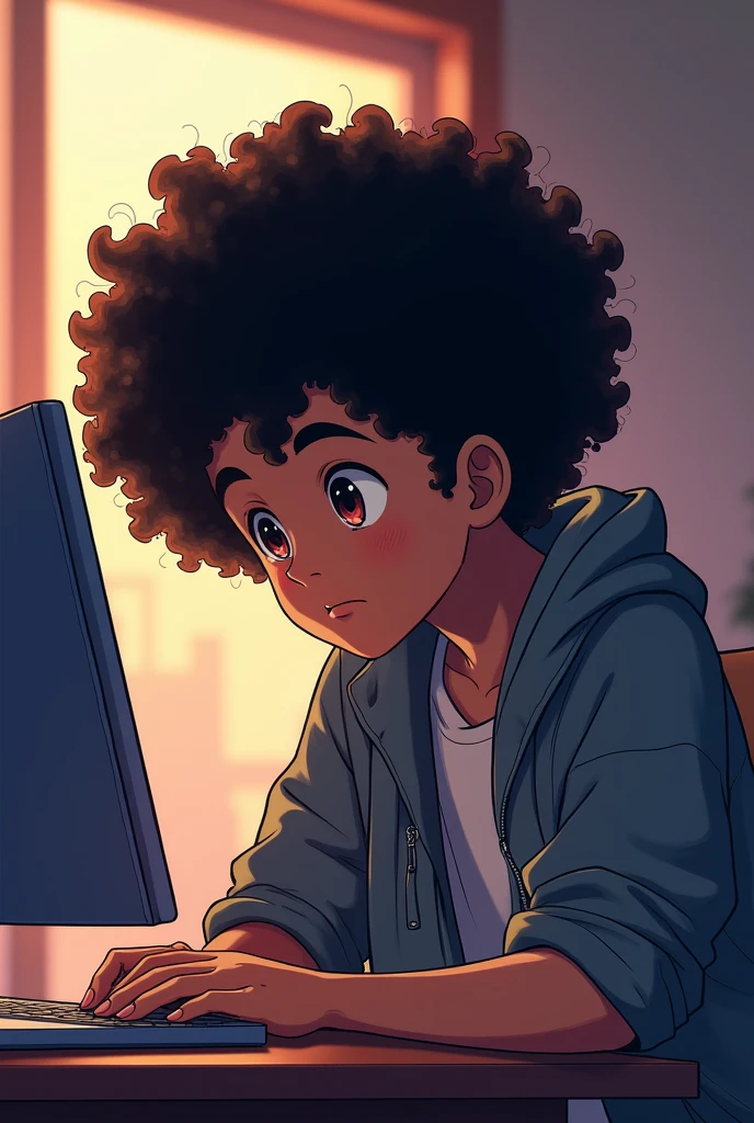 One male hair Afro anime character hands 
on the table looking at screen
