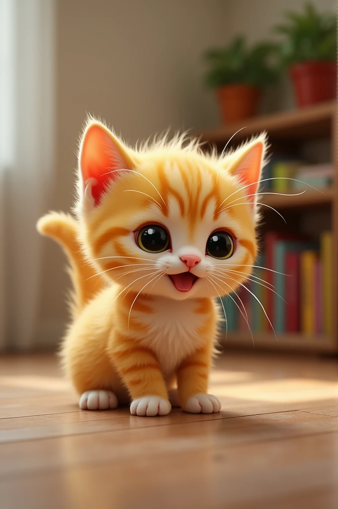 mall yellow kitten named Mia lives happily with her father in a cozy house. Though playful and curious, Mia often gets into trouble, and her father is very protective of her.