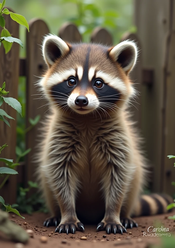 A heartwarming photograph of an adorable, extra fluffy baby raccoon, capturing its playful and curious nature. The raccoon's eyes are bright and inquisitive, while its fur is soft and plush. The background showcases a rustic, wooden fence with greenery peeking through. The image contains a subtle watermark in the bottom right corner, reading "Carolina Rivadeneyra" in elegant, cursive typography. The overall atmosphere of the photo is cozy and endearing, evoking a sense of warmth and happiness., typography