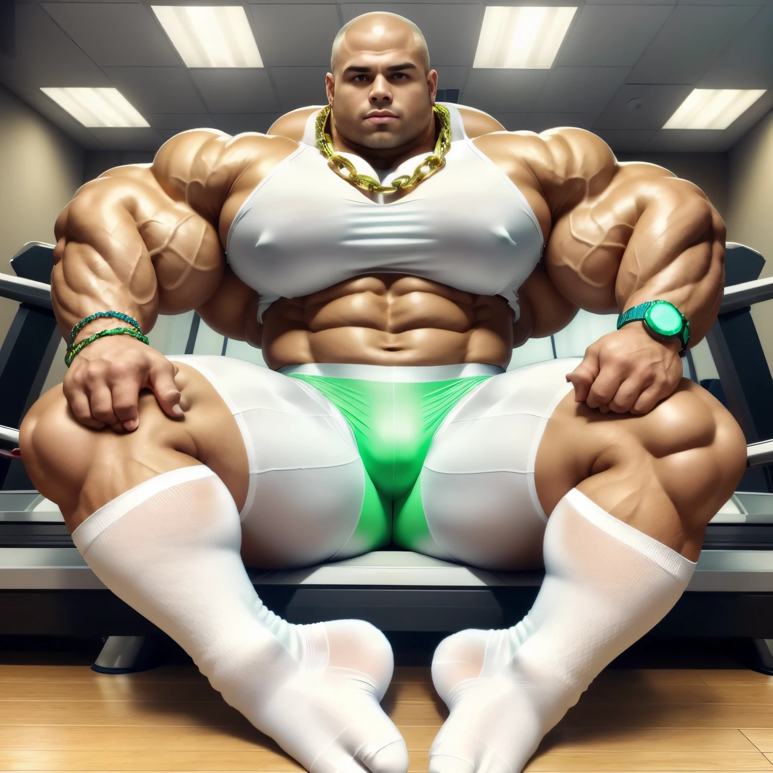 full view, full body, one handsome young artificially tanned white bald over-muscular man in white socks, shirtless wearing neon-green lycra leggings and white sheer electronic socks, no shoes, gold chains, bracelets, rings, arrogantly sitting on bench in his white sheer electronic socks next treadmill in gym, his white sheer professional electronic socks must be seen