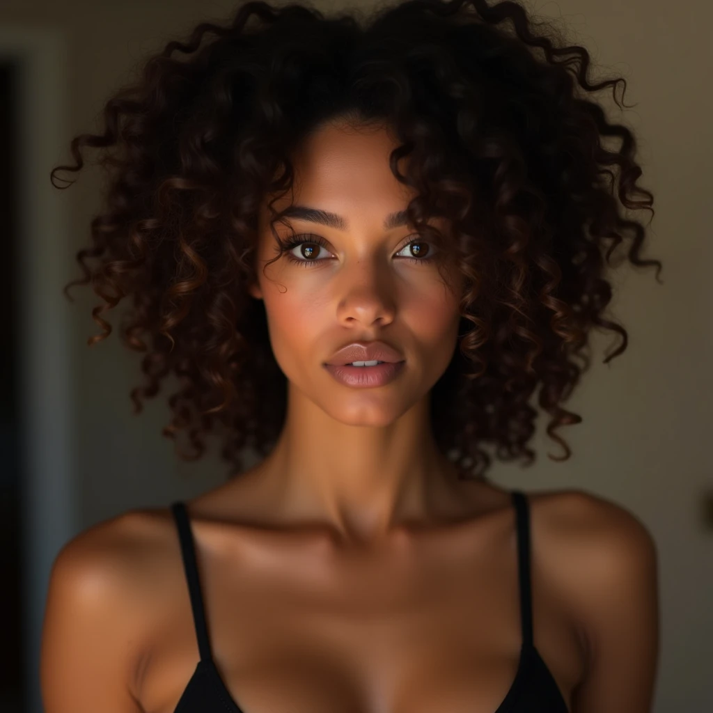 A young woman with mixed race skin, curly hair. Elle a les yeux marrons, photo lumineuse . She is in her underwear. She has full lips. La photo est hyper realiste. Qualité d’image maximum