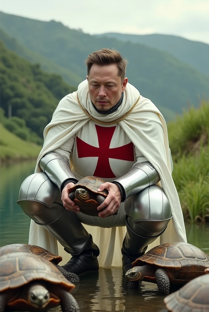 Realistic image of elon musk with templar clothes helping turtles