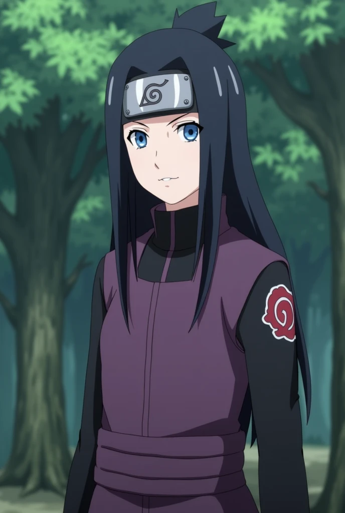 Screenshot, naruto anime style, a girl woman, pale white skin, medium height, blue eyes, black hair, long, loose, without flinching, ninja clothes linda, violet and black, with ninja band, In a forest
