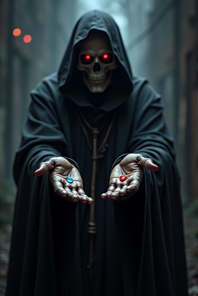 dark reaper with one small blue pill in his left hand, and a small red pill one in his right hand, on a dark and scared background 