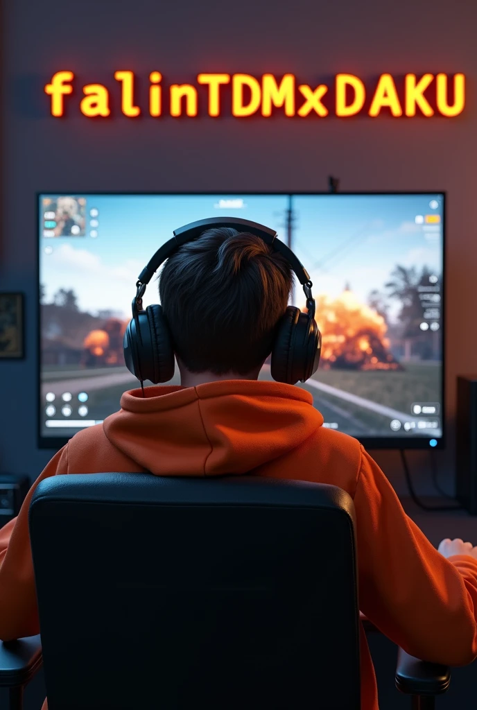 👇
Create A 3D Realistic image of a Boy sitting in gaming room on gaming chair and playing on PUBG application on his pc. The boy must wear dark orang hoodie headphones And his name "falinTDMxDAKU " is Written on the wall with orange colo