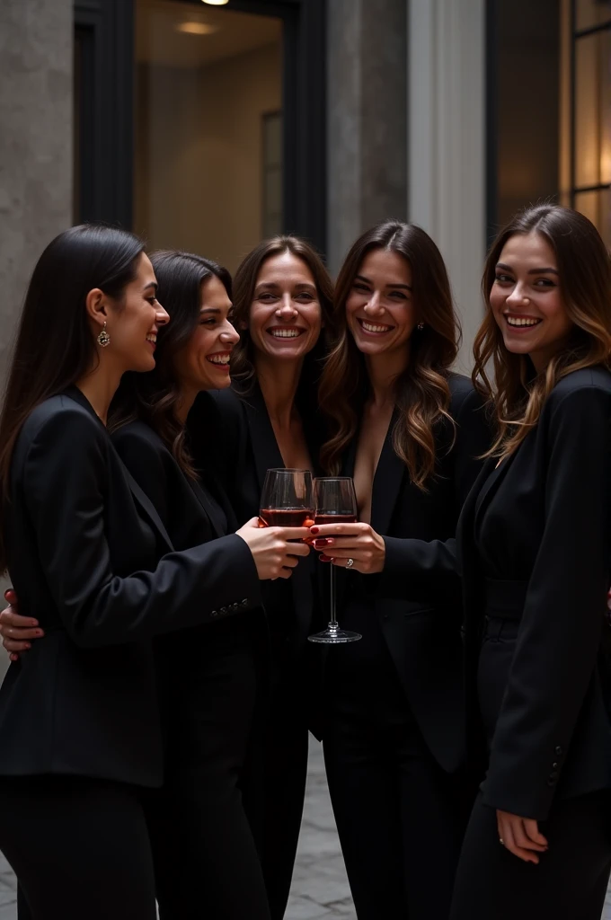 Make a picture of friends in black clothes sharing and being happy