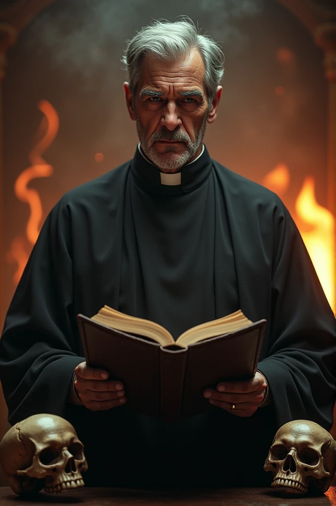 A man who looks like a pastor next to a bible and on the other side a skull and behind him it catches fire. Add darker details to a book.
