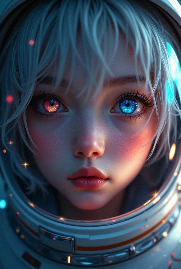 (Close-up of a better masterpiece:1.5)0.9], (Space and astronauts:1.2) (Messy silver hair:1.1) (Heterochromia xanthochromia and blue eyes:1.2) (Space Helmet:1.0) (Colored stars in the eyes:1.0) (A radiant glow:1.1) (thick lips:0.9)