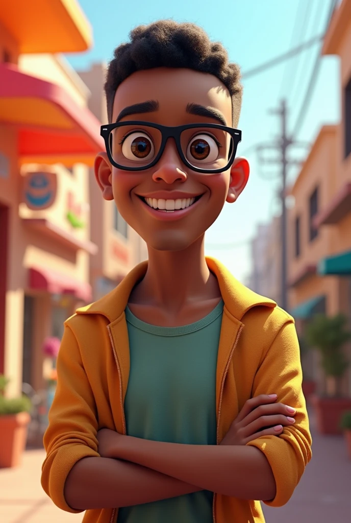 Pixar-style: 20-year-old brown-skinned guy, tall and big, fine nose, really short hair, black rectangular transparent glasses and smiling