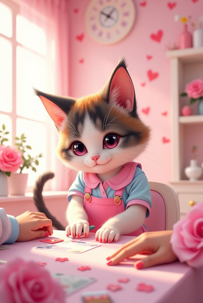 MochiCat in a pink nail studio holding a file, with her pink apron