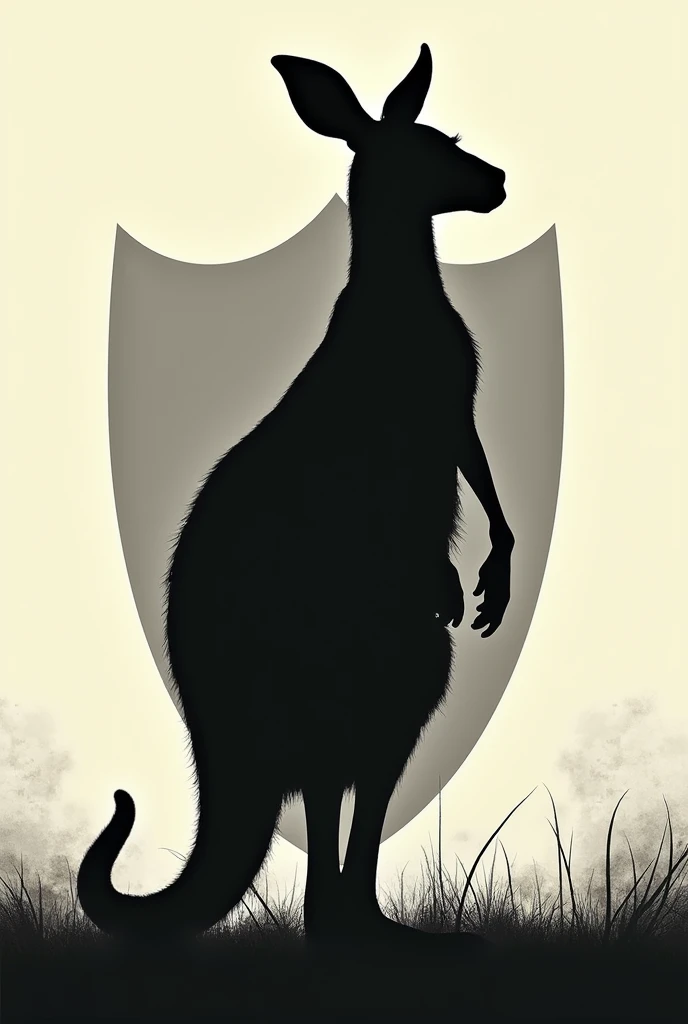 Silhouette of a kangaroo, with the shadow of a shield in the background