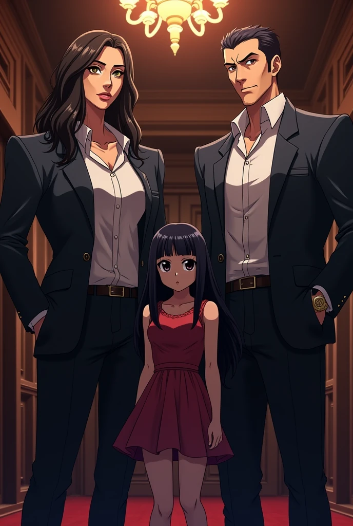 Anime style, mafia, family, mother, father, adult daughter, timid, black hair