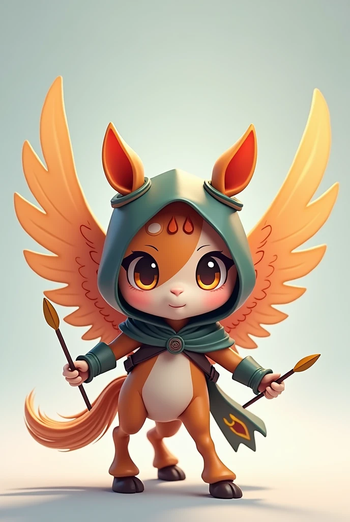 A small Chibi baby humaniod creature.
Appearance: a centaur , half horse half man. With wings. Big anime eyes, holding a duel arrows in each hand . Wearing a hood
Style : cel shaded , 3d , anime, Full-body, t pose.
This is a digimon