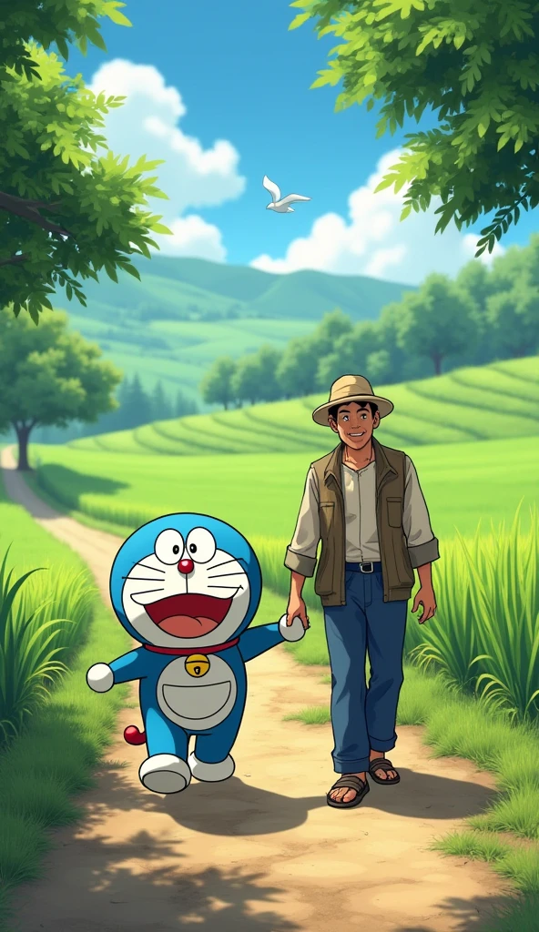 Doraemon and the farmer go home after a tiring day of work., In between are trees and rice