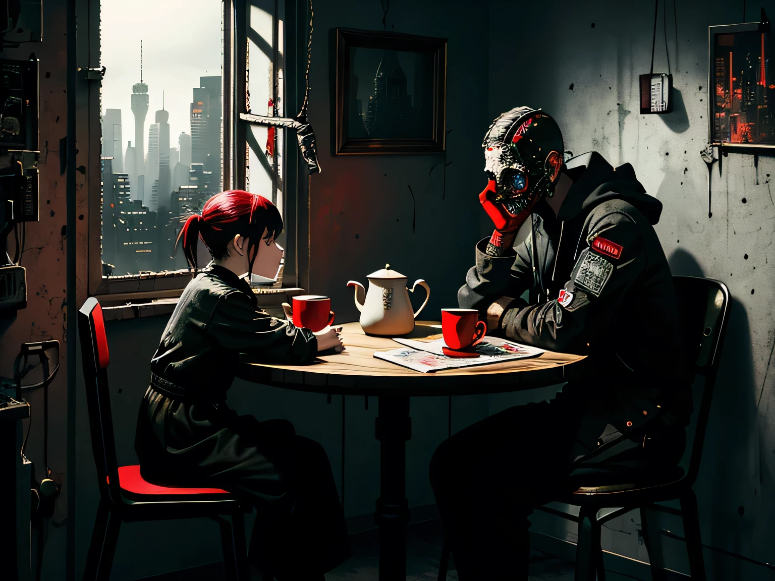 dark art, hopeless art, dystopic art, two humans in a small room, sits at the table, window, cyberpunk landscape, kitchen fittings, red and black carpet, small sugar bowl, two mugs, old teapot, highly detailed art