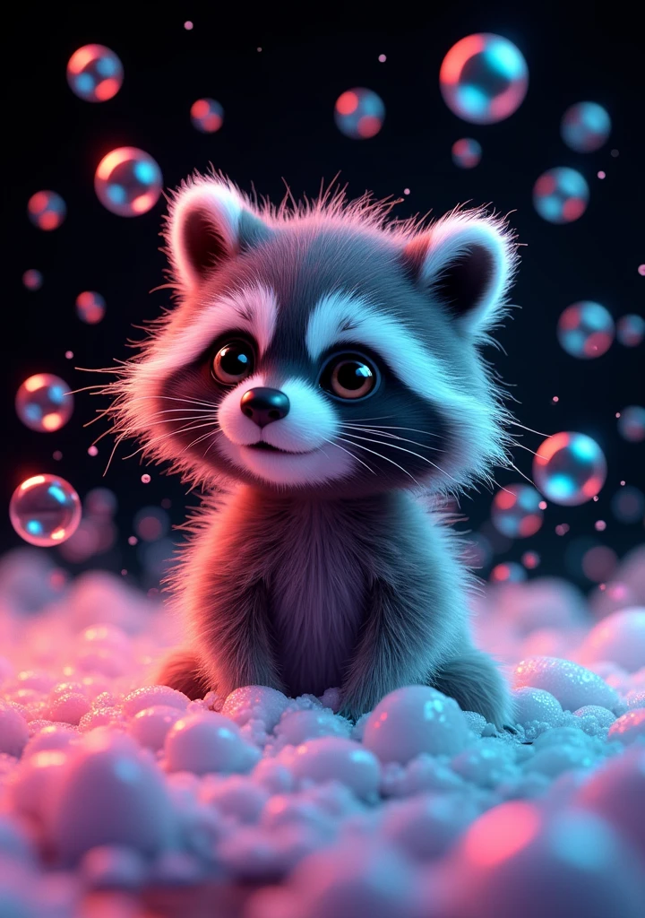 A captivating and enchanting 3D render of a fluffy baby raccoon bathed in a mesmerizing cloud of rainbow-colored soap bubbles. The raccoon's adorable face is filled with surprise, its eyes wide open and ears perked up, as it experiences the delightful sensation of the bubbles. The vibrant, fluorescent colors of the bubbles create a striking contrast against the black background, while the bursting bubbles form a dazzling array of lively shapes. The conceptual art exudes a playful and cheerful atmosphere, with the vivid hues and lively shapes capturing the essence of joy and wonder., 3d render, photo, conceptual art, vibrant