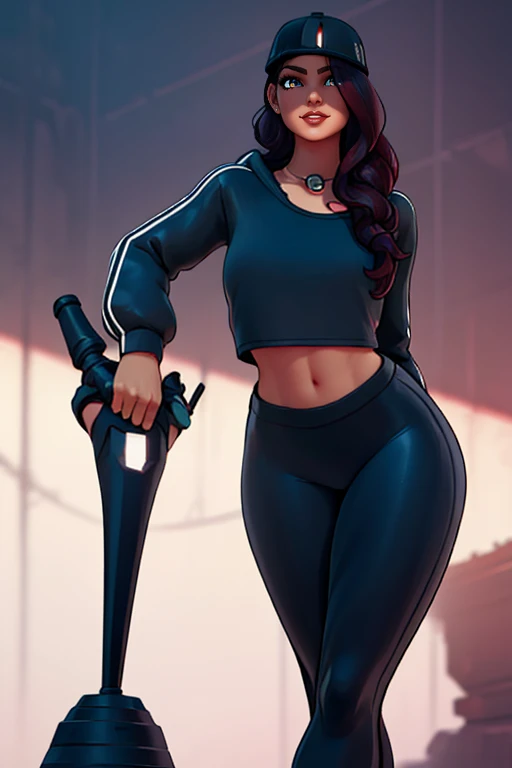 , Ruby fortnite, bone preto, black blouse, BLACK leggings, bare abdomen, face detailed, face perfect, detailedeyes, eyes browns, neckleace, maroon hair, giorno, curvilinear, standing alone, long  hair, dark black hair, black blouse,  black pants, massive  breasts 