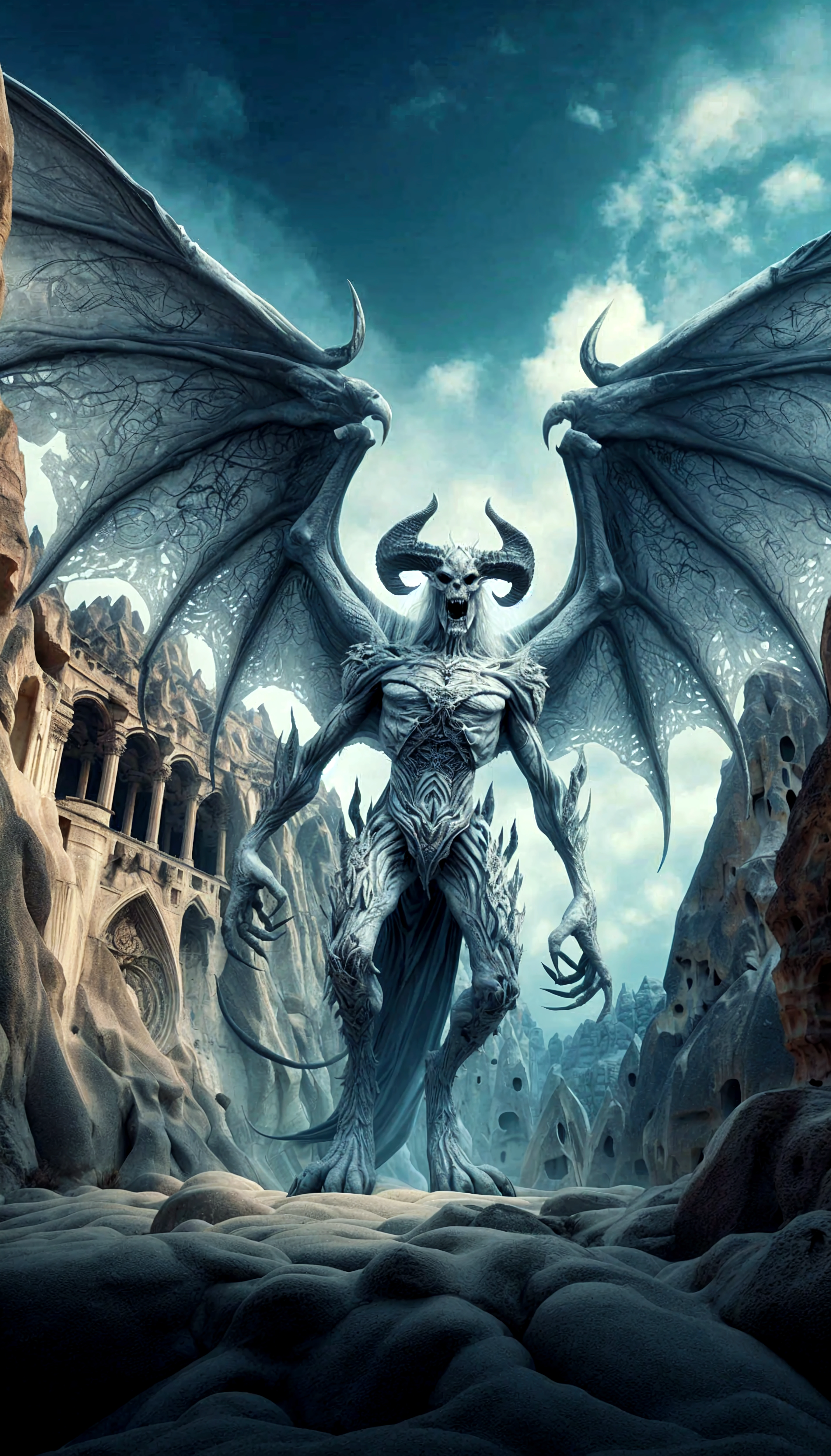 masterpiece, digital art, fantasy art, Stone statue of a mythological creature, with wings, horns, and a fierce expression, highly detailed, dramatic lighting, intense and otherworldly, trending on artstation, frontpage of artstation,